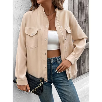 Casual Commute Simple Workwear Style Stand Collar Solid Color Jacket For Women Khaki S | Target