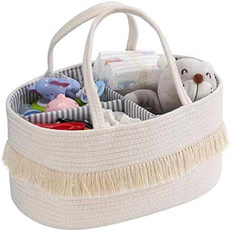 Baby Rope Diaper Caddy Organizer - Nursery Storage Bin Canvas Portable Diaper Storage Basket with... | Amazon (US)