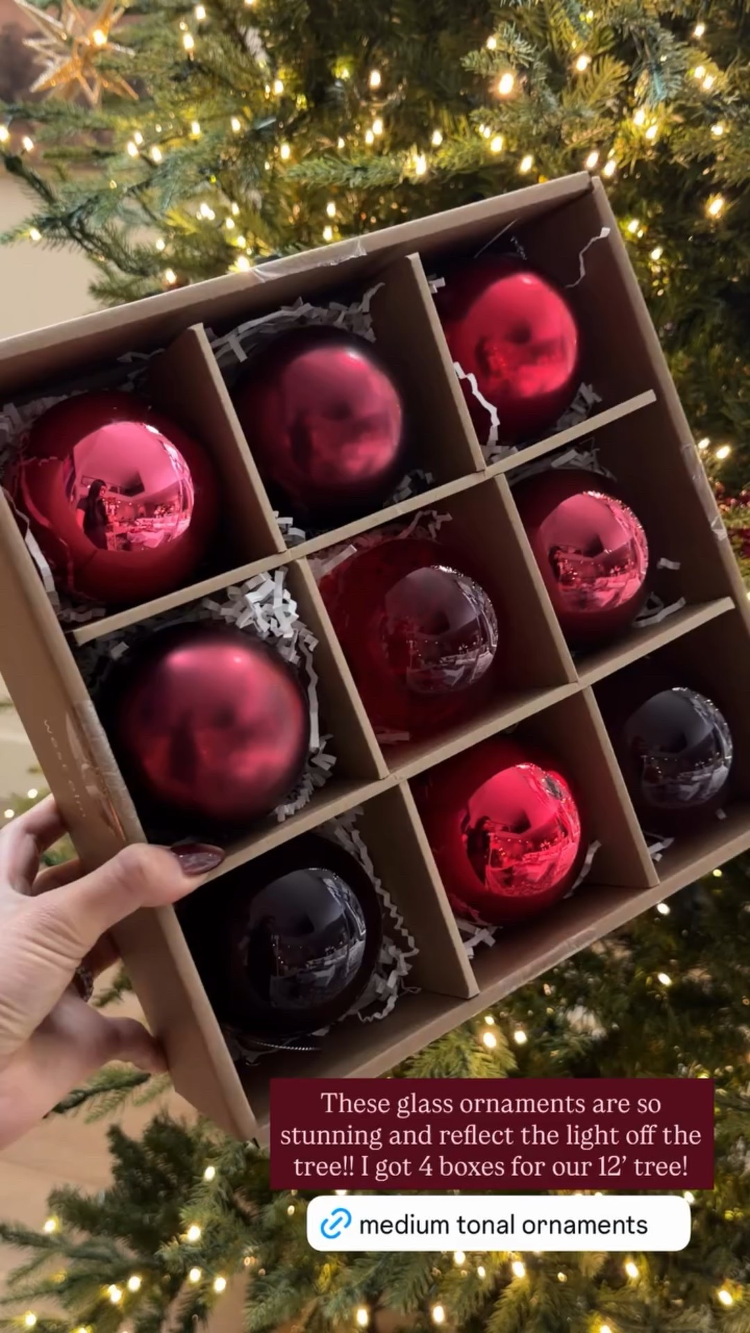 These glass ornaments are so stunning and reflect the light off the tree!! I got 4 boxes for our 12’ tree!