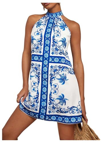 Floerns Women's Sleeveless Floral Print Sundress Halter Neck A Line Short Dress | Amazon (US)