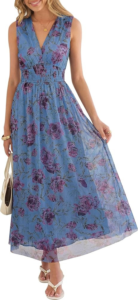 ANRABESS Womens Summer Floral Maxi Dress, A Line Tulle,Elegant for Wedding Guest & Beach Vacation... | Amazon (US)