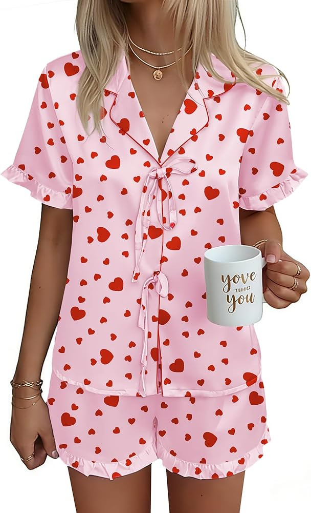 Ekouaer Satin Pajama for Women Short Sleeve Silky Pj Short Set Bow Front Tie Up Loungewear Sleepw... | Amazon (US)