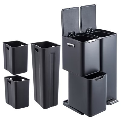 16 Gal Recycle Bins for Kitchen, Triple Compartment Stainless Steel Garbage Can Combo with Inner Bucket & Foldable Foot Pedal for Home Office, Black | Target