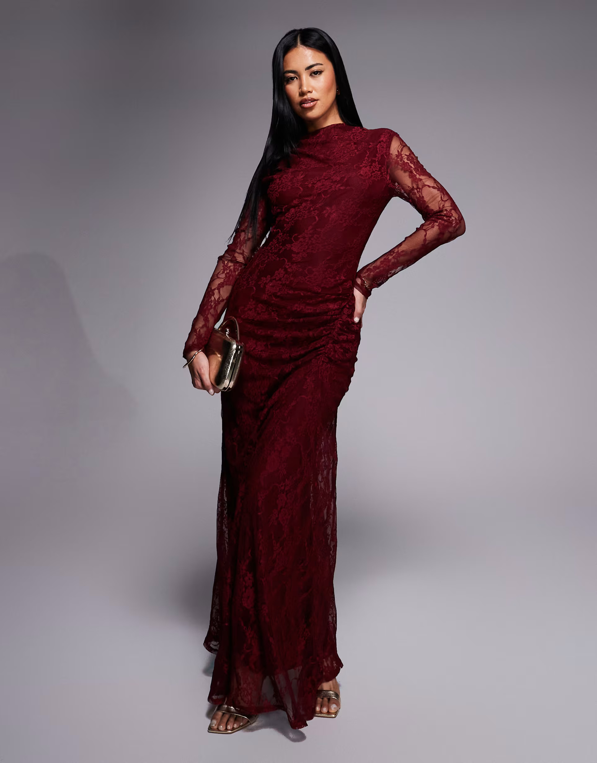 ASOS DESIGN lace slash neck long sleeve maxi dress with gauged side seams in burgundy | ASOS (Global)