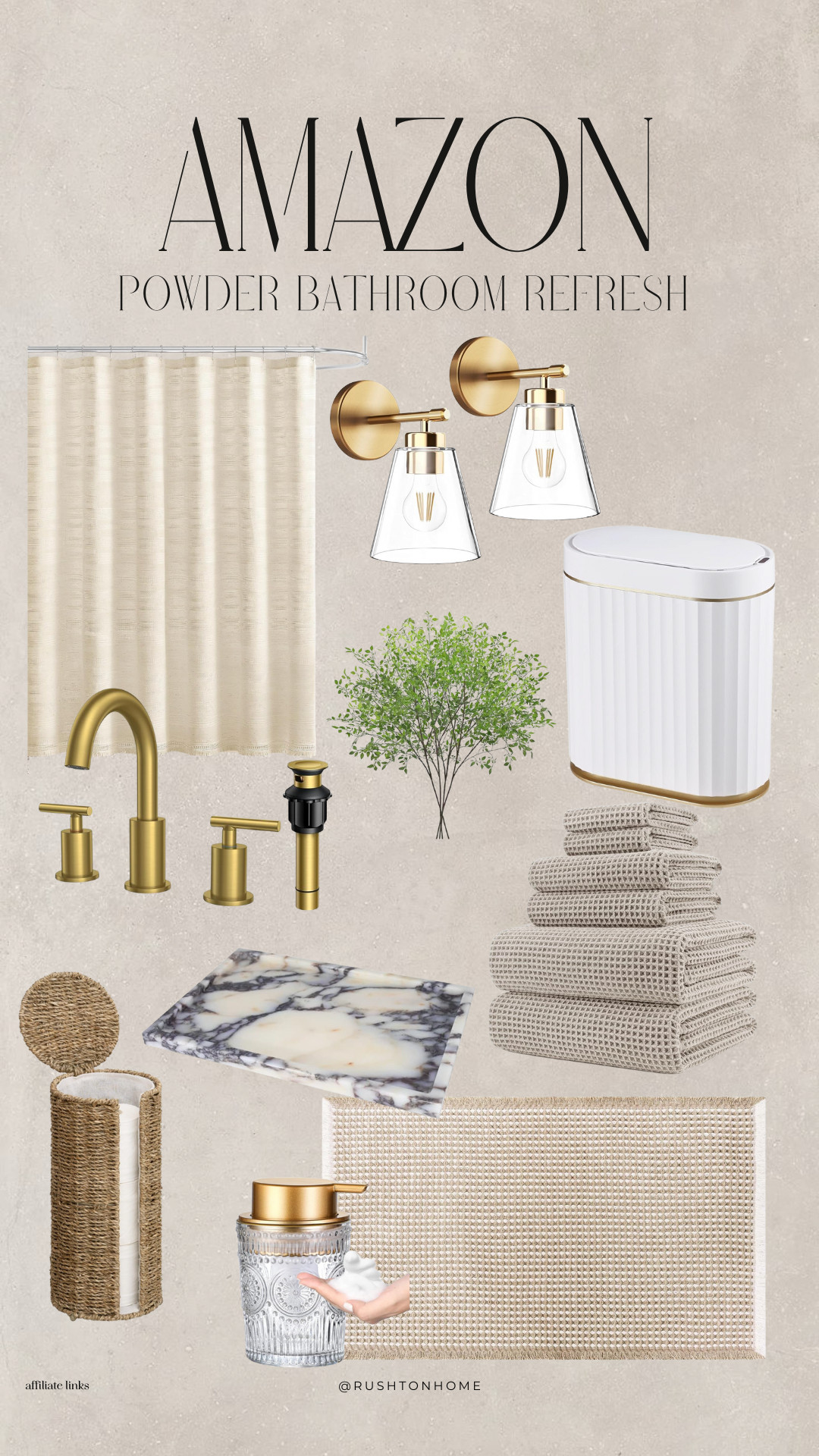 Amazon powder bathroom decor, amazon bathroom refresh, powder room ideas, brushed brass bathroom fixtures, bathroom wall sconces, neutral shower curtain, marble bathroom tray, bathroom accessories amazon, neutral bath towels, soap dispenser bathroom decor, modern powder room refresh, small bathroom decor ideas 

 #LTKPetite