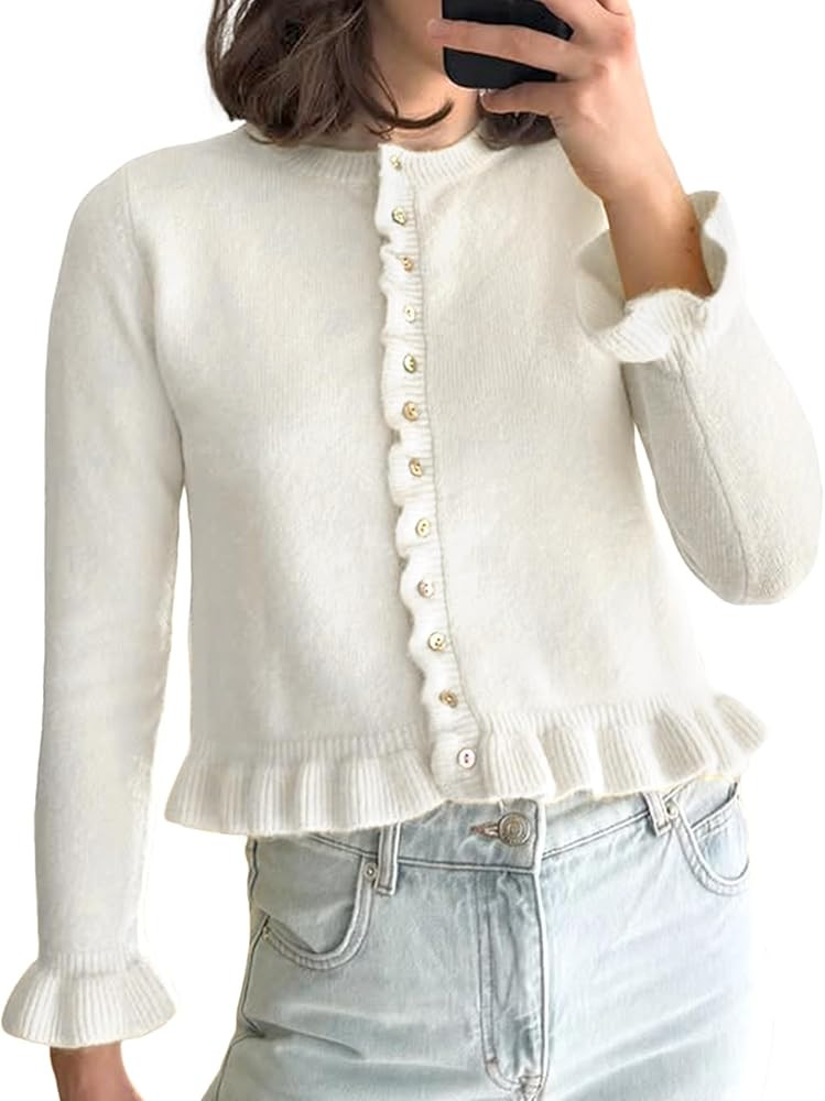 Yimoon Women's Cropped Cardigan Sweater Ruffle Frilly Long Sleeve Button Down Cute Knit Outwear 2... | Amazon (US)