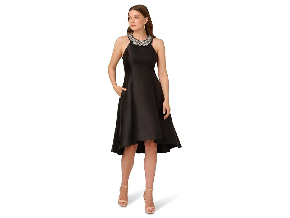 Adrianna Papell Beaded Mikado Midi Dress Women's Dress Black : 10, Polyester | Zappos