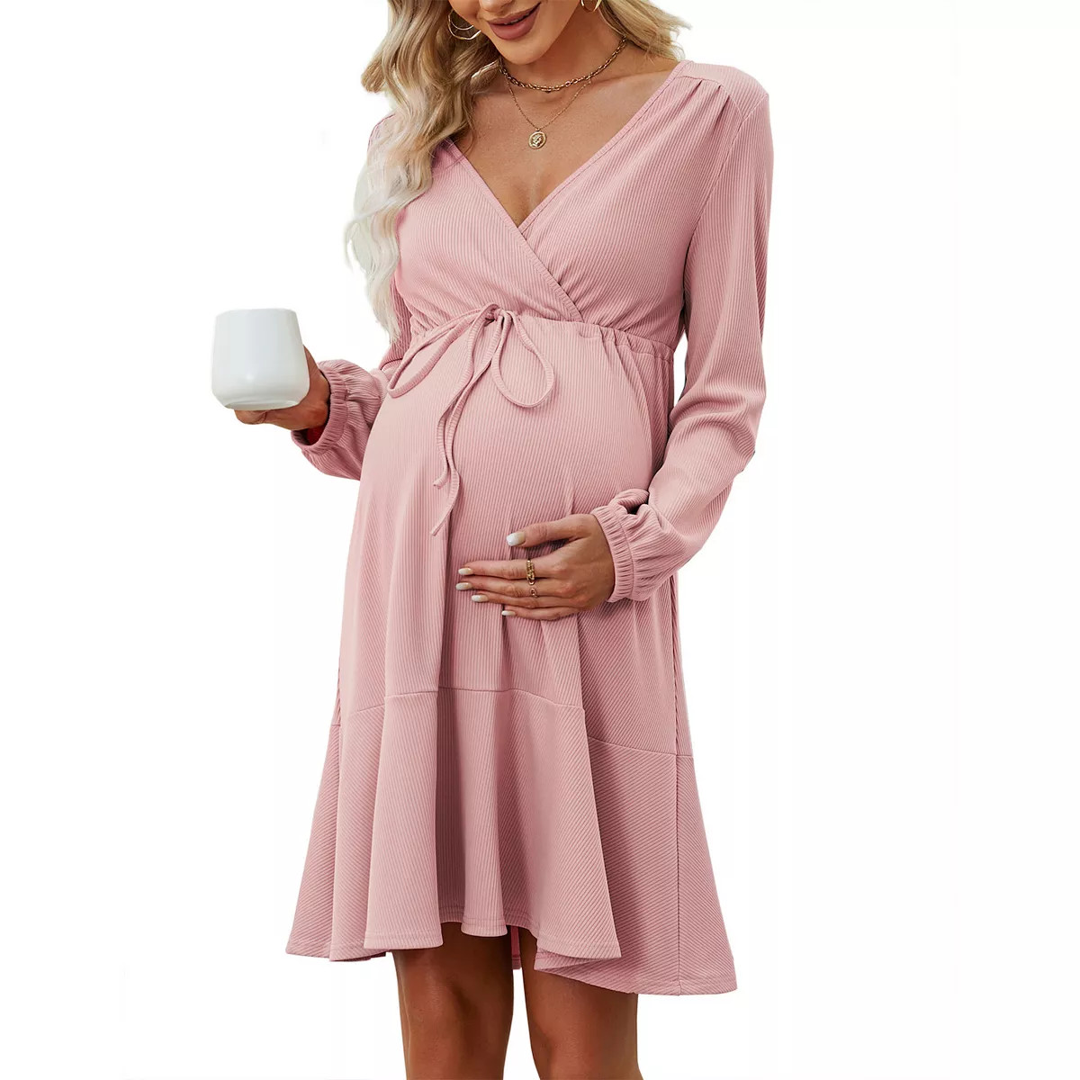 Women's Maternity Dress Long Sleeve Wrap Ribbed Drawstring Nursing Dress Ruffle Hem Lounge Dresse... | Kohl's