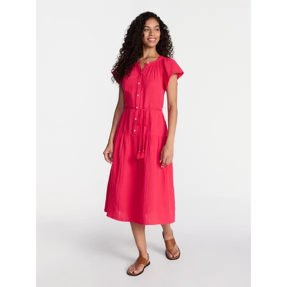 Time and Tru Women's and Women's Plus Double Cloth Midi Dress, Sizes XS-4X | Walmart (US)