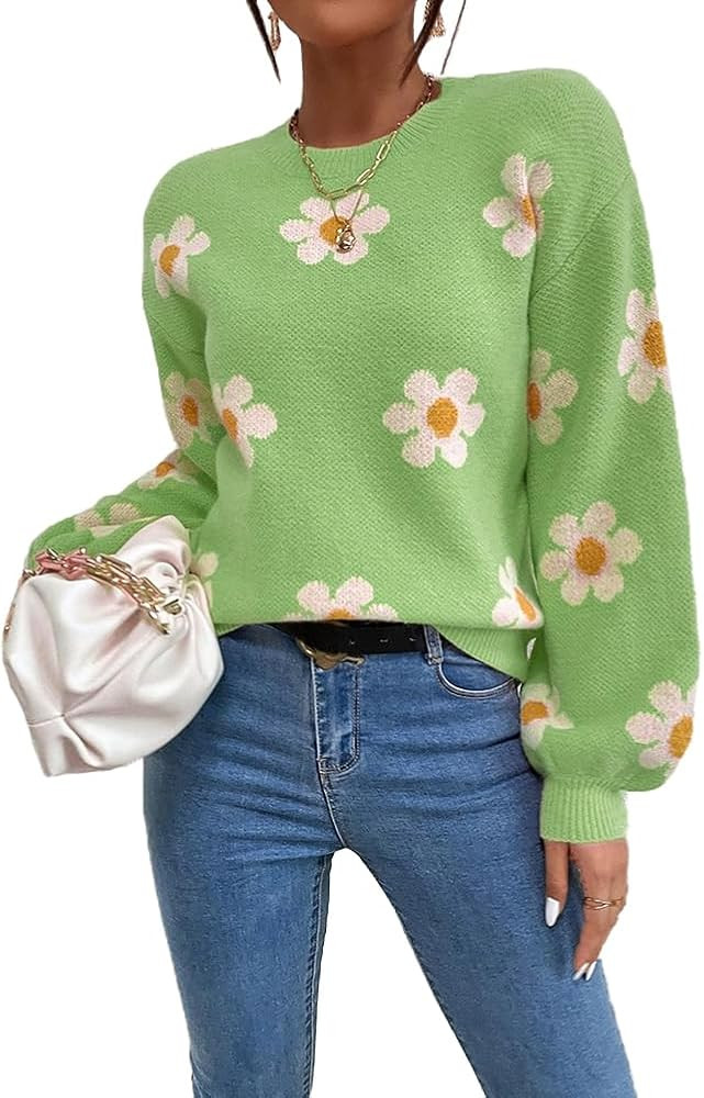 Mywinway Daisy Knit Sweater for Women Flower Fall Winter Long Sleeve Round Neck Lightweight Pullo... | Amazon (US)