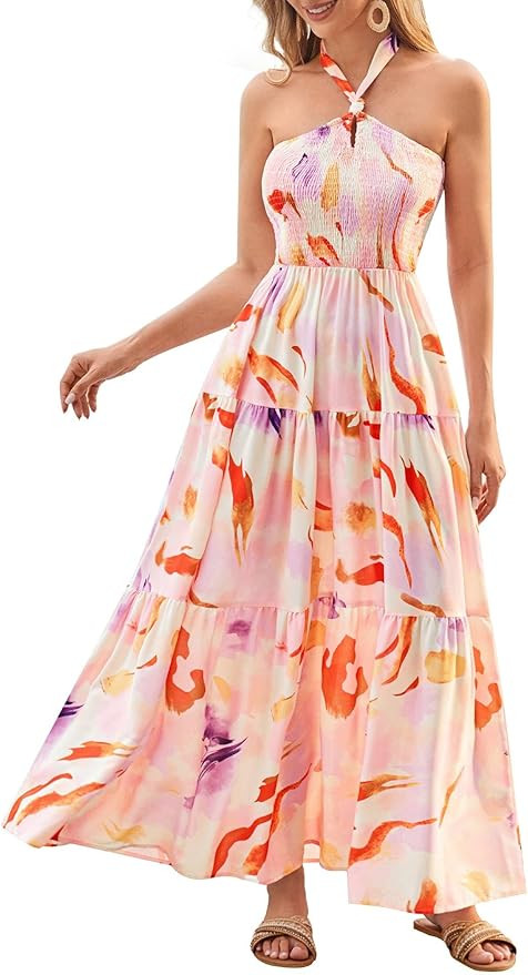 GRACE KARIN Women's Summer Dresses 2024 Halter Neck Sleeveless Smocked Backless Cut Out Floral Fl... | Amazon (US)