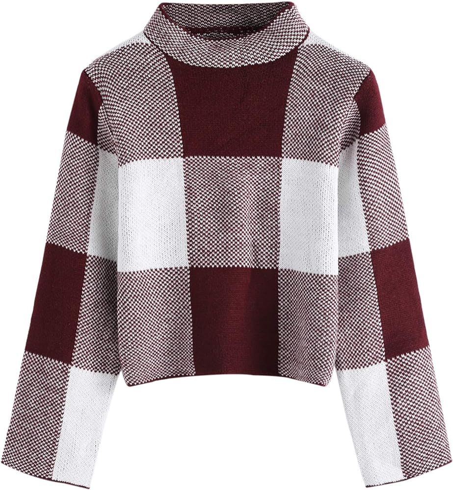 Floerns Women's Long Sleeve High Neck Plaid Crop Sweater Pullover | Amazon (US)