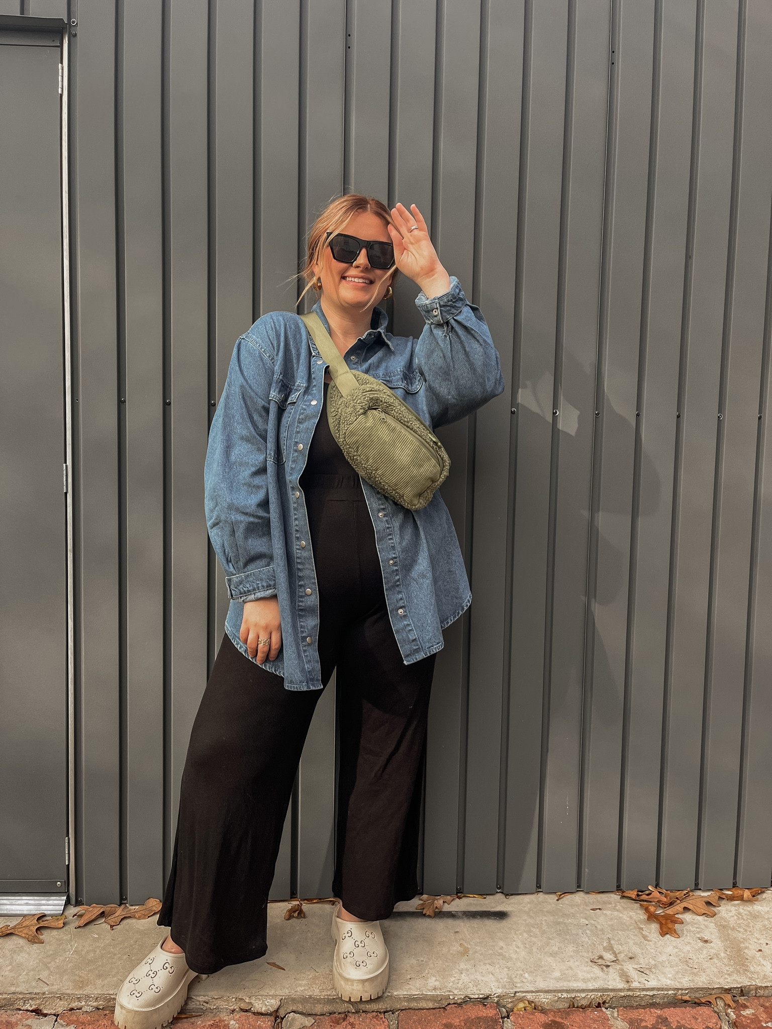 casual outfit inspo | gucci crocs | gucci shoes | denim jacket | weekend style | ribbed lounge pants | neutral outfit | sherpa | belt bag 

#LTKshoecrush #LTKstyletip #LTKsalealert