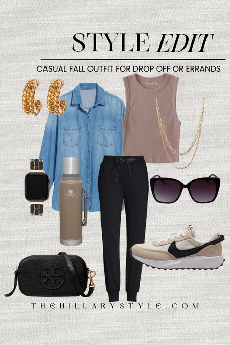 Style Edit: Casual Fall Outfit for School drop off or running errands. Black joggers, denim shacket, cropped tank, sneakers, black crossbody, Stanley coffee mug, black sunglasses, layered gold necklace, gold hoops, Apple Watch band. Fall outfit, casual outfit, Athleisure outfit, Nike, Abercrombie, Old Navy, Target, Tory Birch, Nordstrom, Anne Klein.

#LTKstyletip #LTKSeasonal