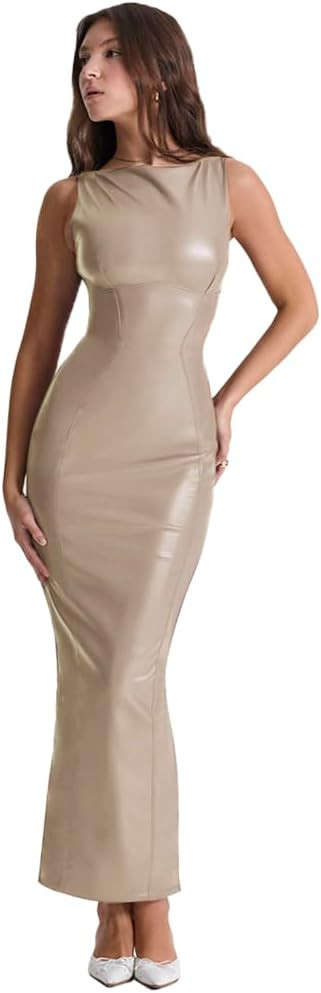 XLLAIS Women's Faux PU Leather Bodycon Maxi Dress Sexy Boatneck Tank Long Dresses | Amazon (US)