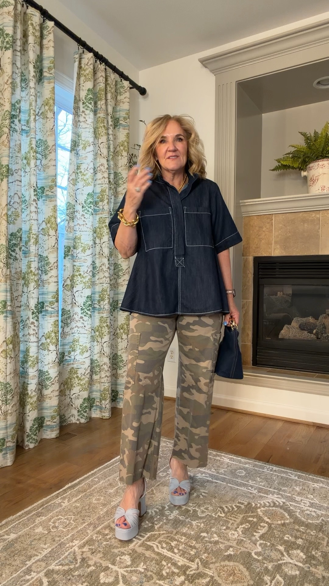 This top was the top seller yesterday! I sized down to a small. 20% off code NANETTE20 at Anthro!!! 
Camo pants size medium I did cut 4” off the bottom. 
Denim purse
 CRoss necklace 20% off code TAKE20
Heels for something special true to size 
I’ll link the other pants I pants with this top too 

#LTKSaleAlert #LTKOver40 #LTKspring