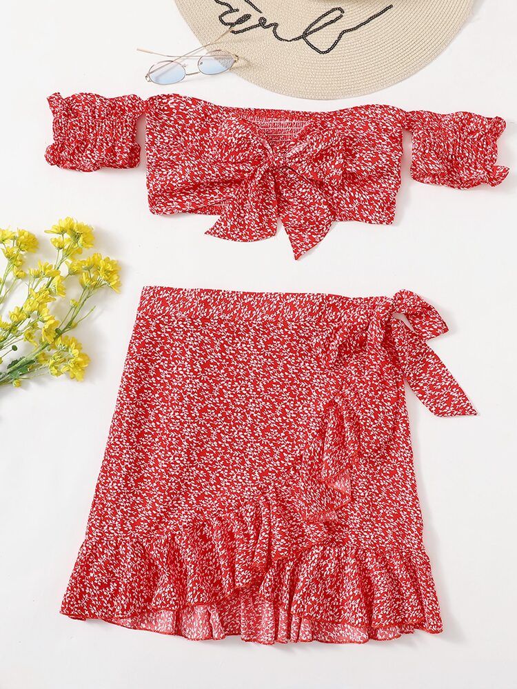 SHEIN Knotted Shirred Plants Bardot Top & Ruffle Wrap Skirt Set | SHEIN