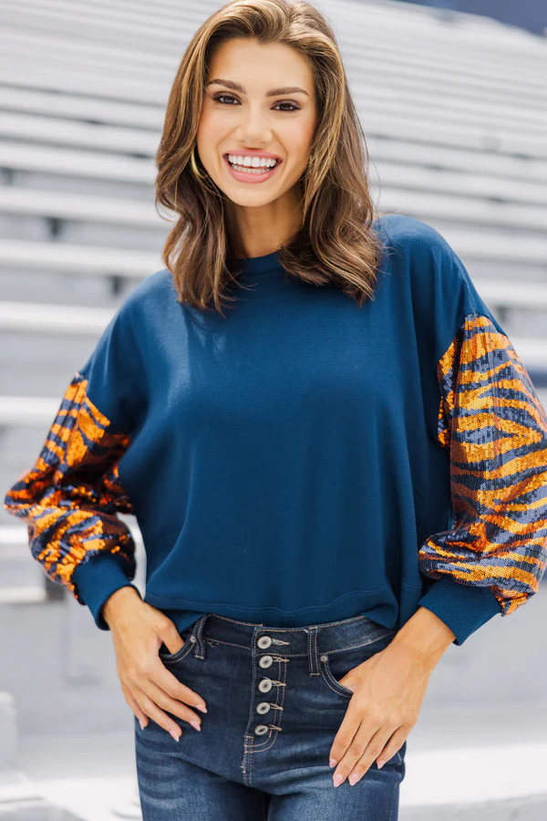 First In Line Navy Blue Tiger Sequin Blouse | The Mint Julep Boutique