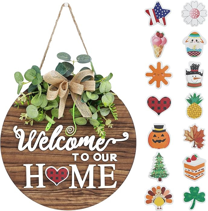 Interchangeable Seasonal Welcome Sign Front Door Decoration, Rustic Round Wood Wreaths Wall Hangi... | Amazon (US)