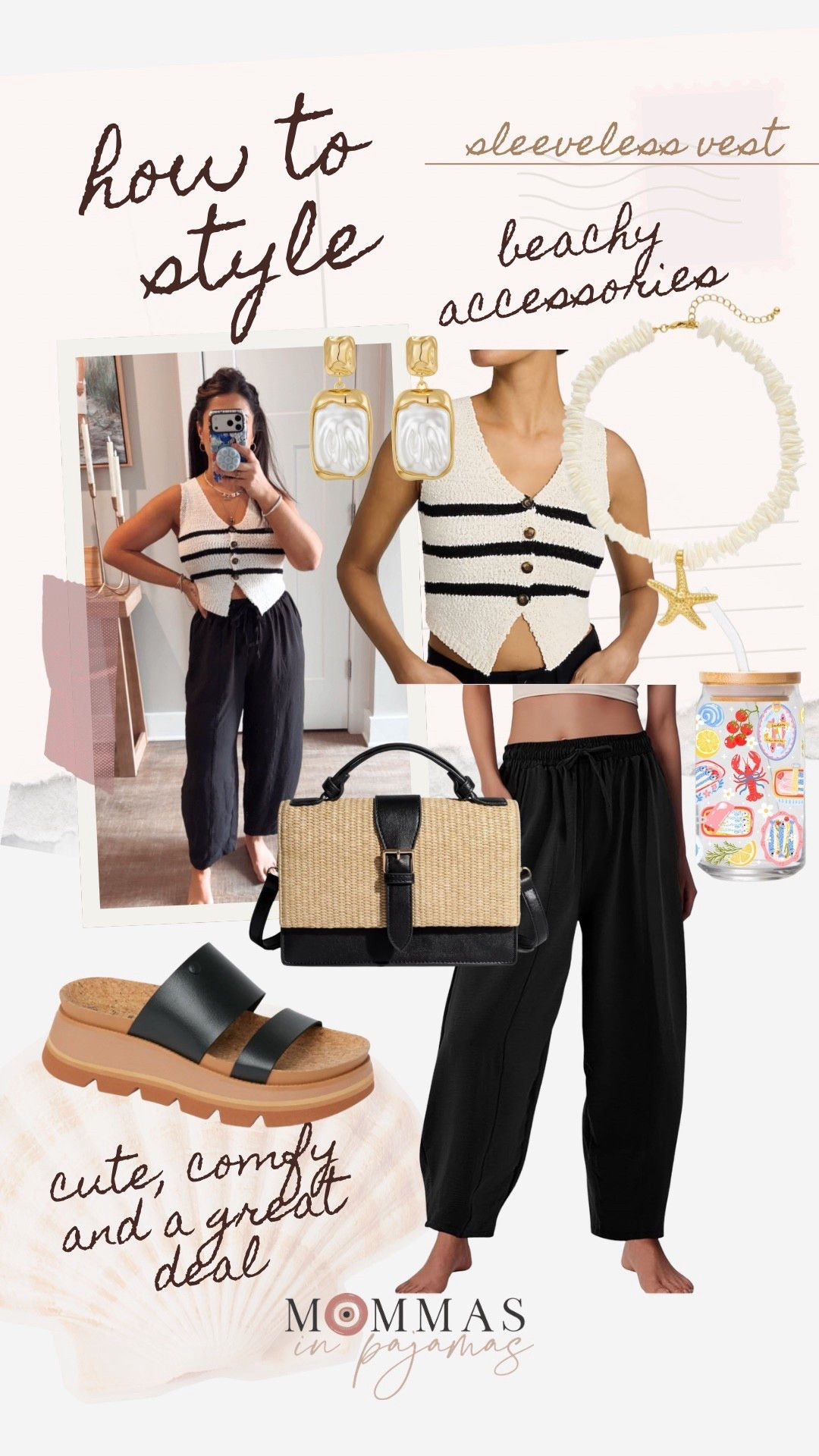 This Express top is absolutely adorable and the fit is super flattering. I paired it with some of my favorite petite friendly lounge pants from Amazon, Reef platform sandals (save $$ with code PAJAMAS) and beach accessories. This necklace and purse give boutique vibes at affordable prices and this glass cup is adorable. 
How to style spring outfit, casual mom outfit, spring date outfit inspo 

#LTKSeasonal #LTKPetite #LTKMidsize