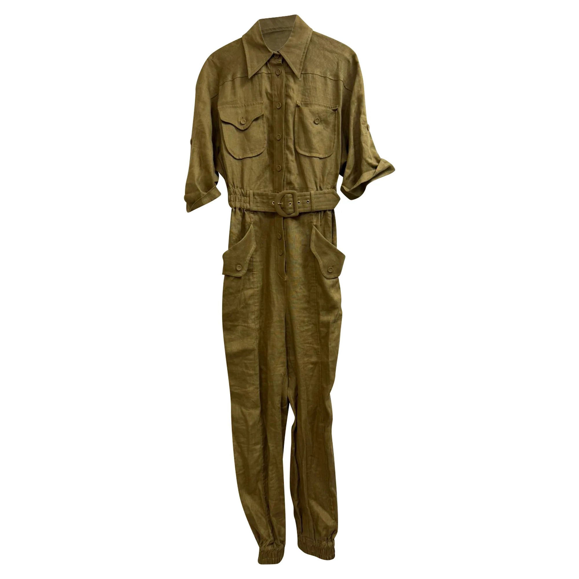 Zimmermann Belted Jumpsuit in Khaki Linen | Shop Simon