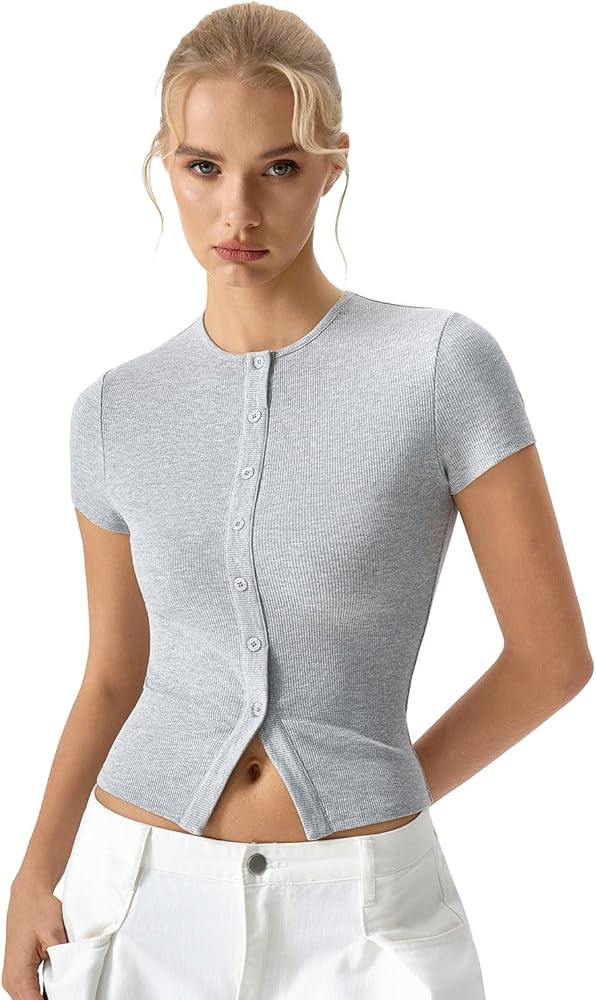QINSEN Women's Crewneck Short Sleeve T Shirts Ribbed Button Going Out Trendy Tops | Amazon (US)
