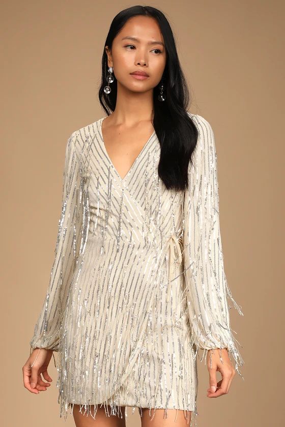 Puttin' on the Glitz Silver Sequin Fringe Long Sleeve Wrap Dress | Lulus (US)