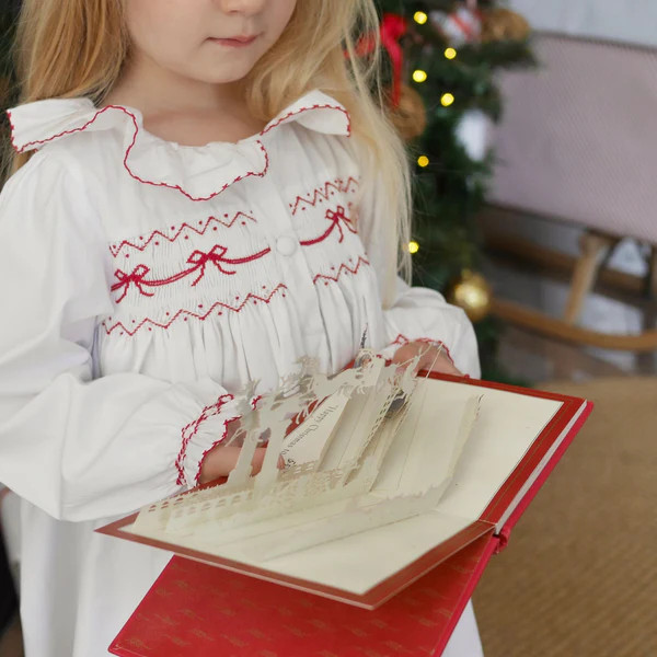 Nightingale Girls Dress Moonstone with Scarlet Bows Hand Smocking | Smock London Ltd