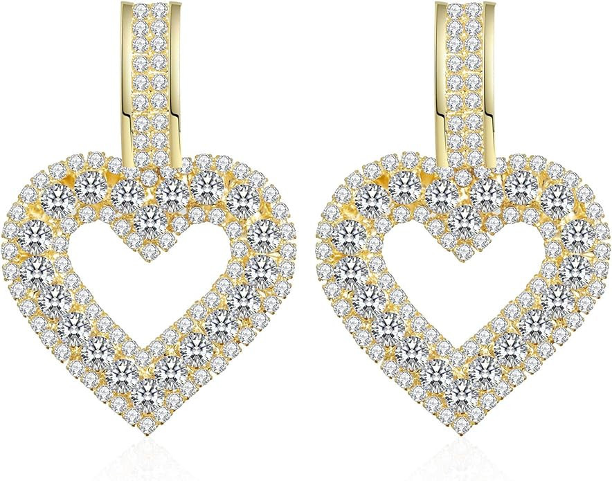 Gold Heart Dangle Statement Earrings Rhinestone Trendy Large Geometric Drop CZ Earrings Hypoaller... | Amazon (US)