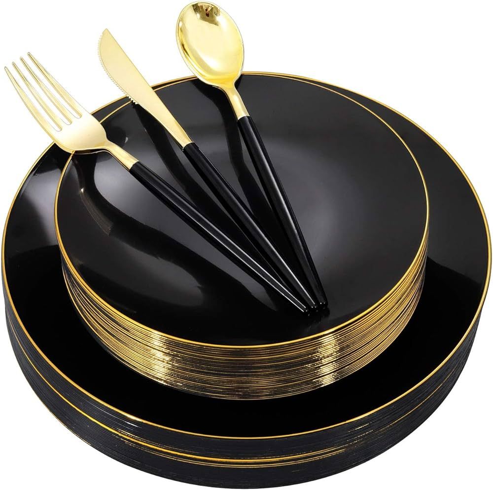 Nervure 150PCS Black Plastic Plates - Black and Gold Disposable Plates - Premium Heavyweight Gold... | Amazon (US)