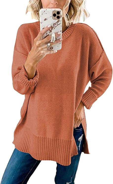 MEROKEETY Women's Casual Crew Neck Side Split Pullover Sweater Loose Long Sleeve Jumper Top | Amazon (US)
