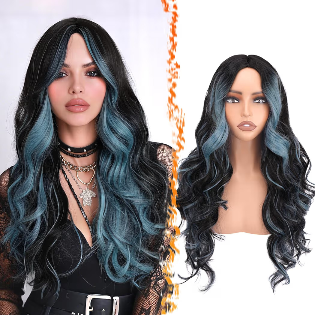 BARSDAR Black Teal Blue Highlight Long Wavy Wig with Curtain Bangs – 28 Inch Teal Blue Black Om... | Amazon (US)