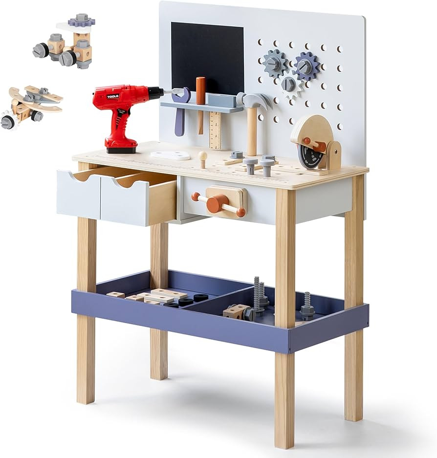 Wooden Kids Tool Bench with Electric Drill, Toddler Tool Bench with Storage Drawers and Platform,... | Amazon (US)