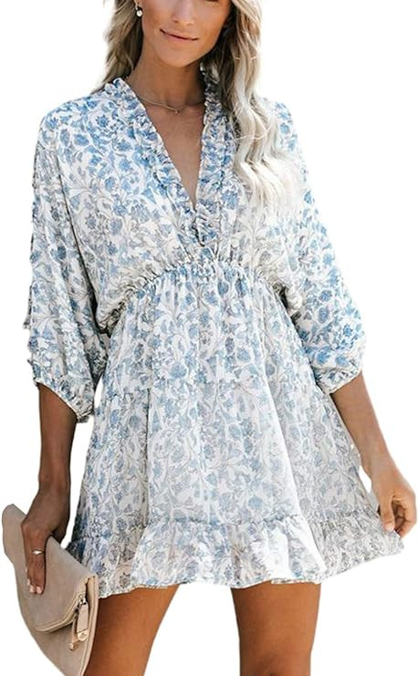 HUUSA Women Long Sleeve Casual Summer Ruffle Backless Floral Flowy Swing Mini Dress | Amazon (US)