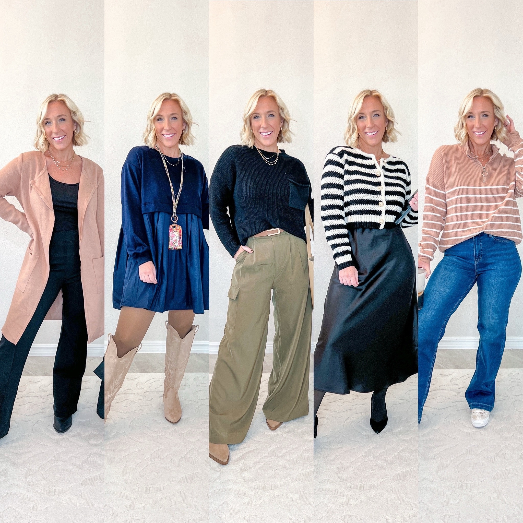 A week’s worth of work wear outfits, with a focus on teacher outfits, and most items are from Amazon:
MONDAY: coatigan - size medium // pants - size medium petite (code LESLIEXSPANX).
TUESDAY: dress - size medium (runs oversized but short) // fleece lined tights - size l/xl & thin weight // boots are old.
WEDNESDAY: sweater - part of a set! (Though I’m linking just the sweater). Size medium // cargo trousers - size 6 // belt linked too. 
THURSDAY: striped cardigan - size medium (cropped) // slip skirt - size medium // tights are same as Tuesday’s.
FRIDAY: striped quarter-zip sweater - size medium // wide leg jeans - size 4 (regular length).


#LTKfindsunder50 #LTKstyletip #LTKworkwear