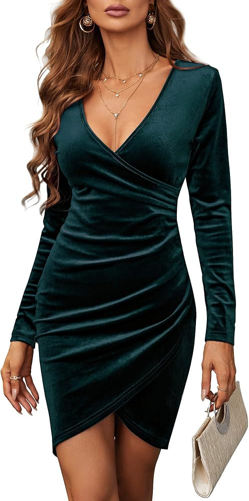 Amazon.com: JECEIKA Women Blue Green Velvet Dress,Long Sleeve Wrap V Neck Christmas Party Date Ni... | Amazon (US)