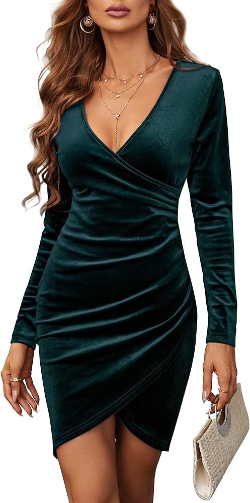 Amazon.com: JECEIKA Women Blue Green Velvet Dress,Long Sleeve Wrap V Neck Christmas Party Date Ni... | Amazon (US)