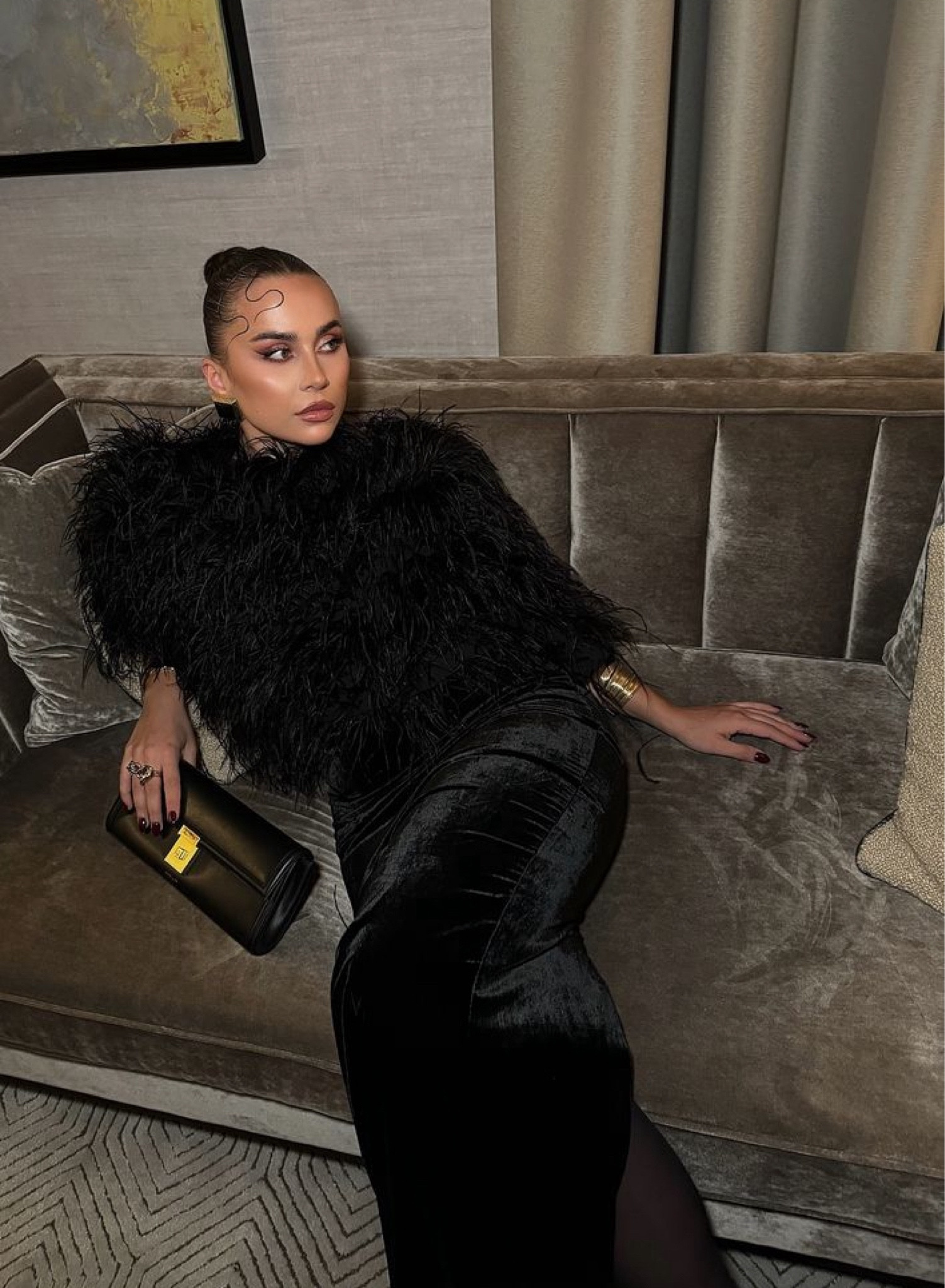 Fall winter wedding outfit 
Fur jacket/shawl 
Velvet long skirt
Black and gold clutch
Gold bracelet 

#LTKHoliday #LTKWedding #LTKStyleTip