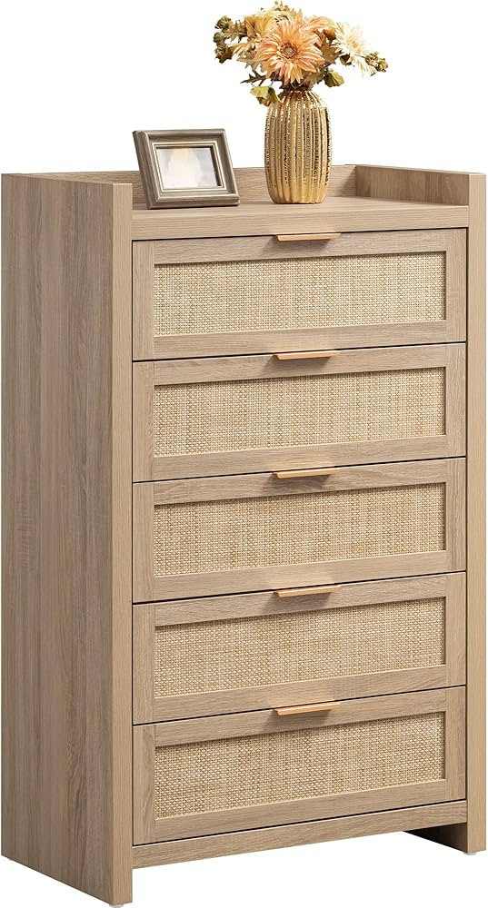 SICOTAS Dresser for Bedroom Chest of Drawers Tall Dresser with 5 Rattan Drawers Dresser for Close... | Amazon (US)