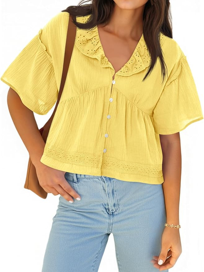 Cicy Bell Womens Cropped Babydoll Tops Summer Eyelet V Neck Short Sleeve Cute Blouses Ruffle Shir... | Amazon (US)