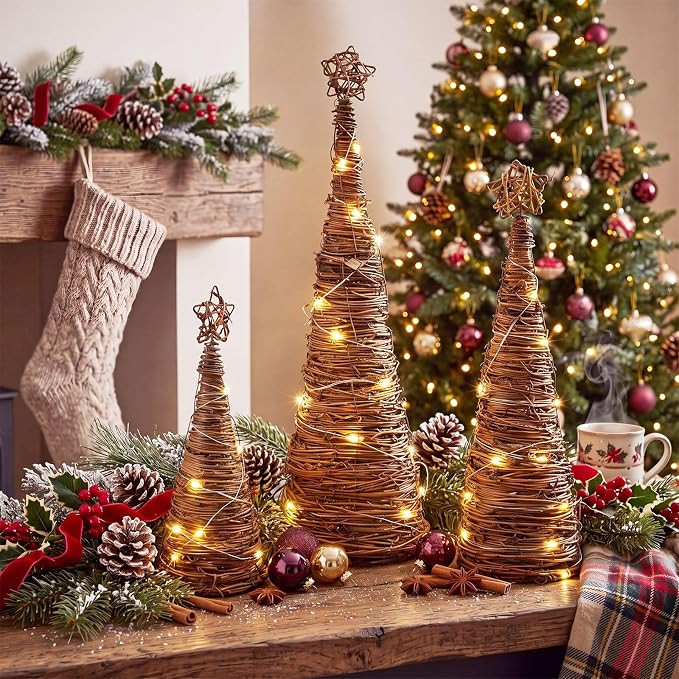 3 Pcs Rattan Woven Christmas Cone Tree Lighted Xmas Table Decor | Amazon (US)