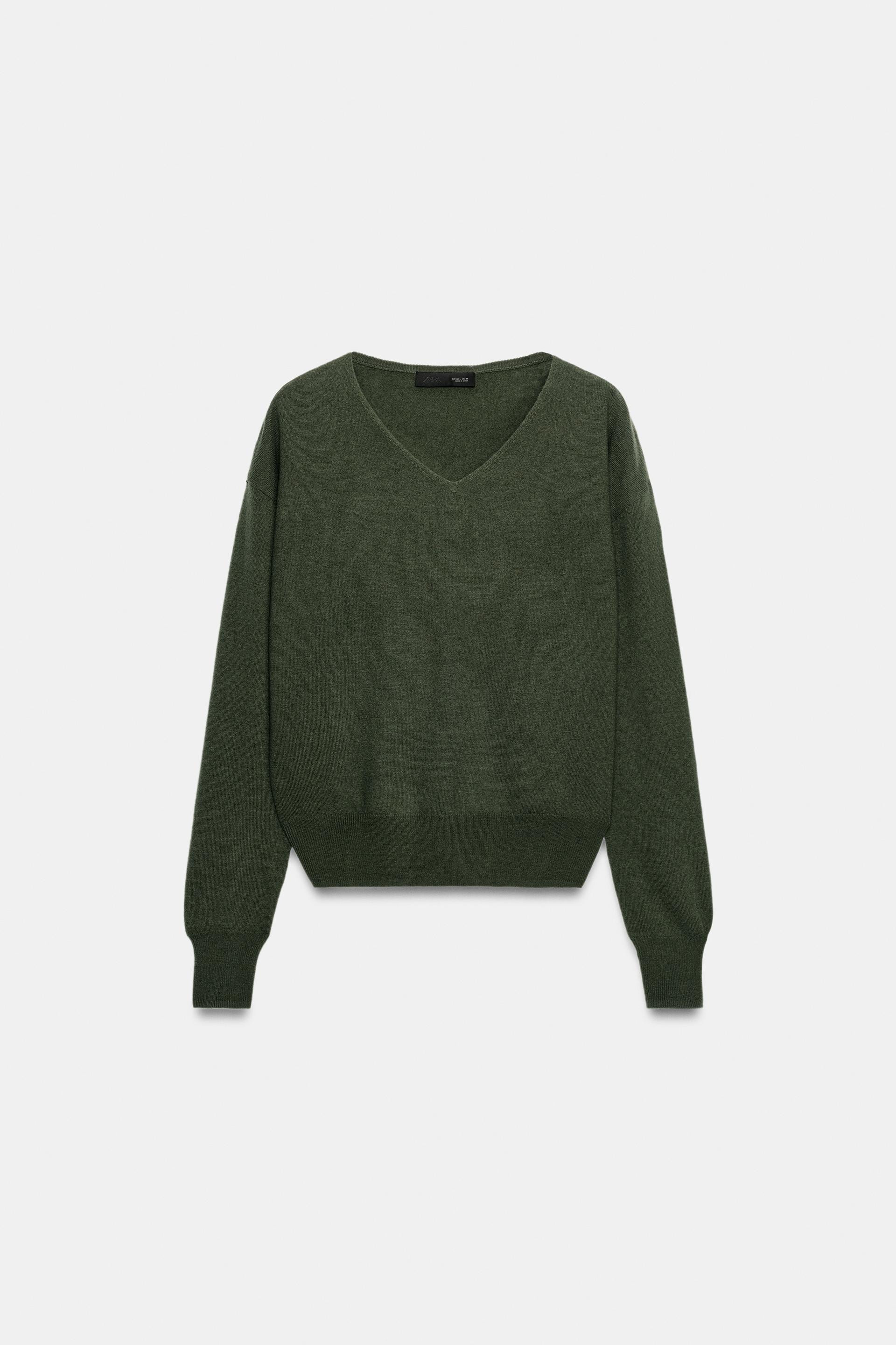 Zara - 100% Extra-Soft Wool V-Neck Jumper - Greenish - M - Woman | Zara US