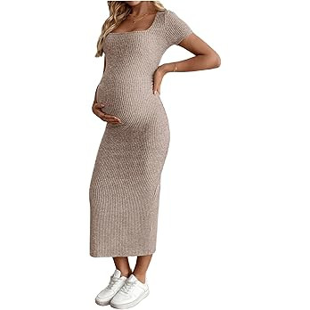 MakeMeChic Women's Maternity Dress Summer Baby Shower Dress Square Neck Short Sleeve Split Bodyco... | Amazon (US)
