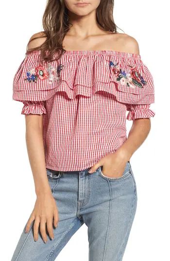 Women's Lost + Wander Embroidered Gingham Off The Shoulder Top | Nordstrom
