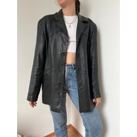 Leather Jacket in Black/Size M-L Vintage Soft Coat Genuine Nappa Notch Collar Minimalist Unisex Style | Etsy (US)