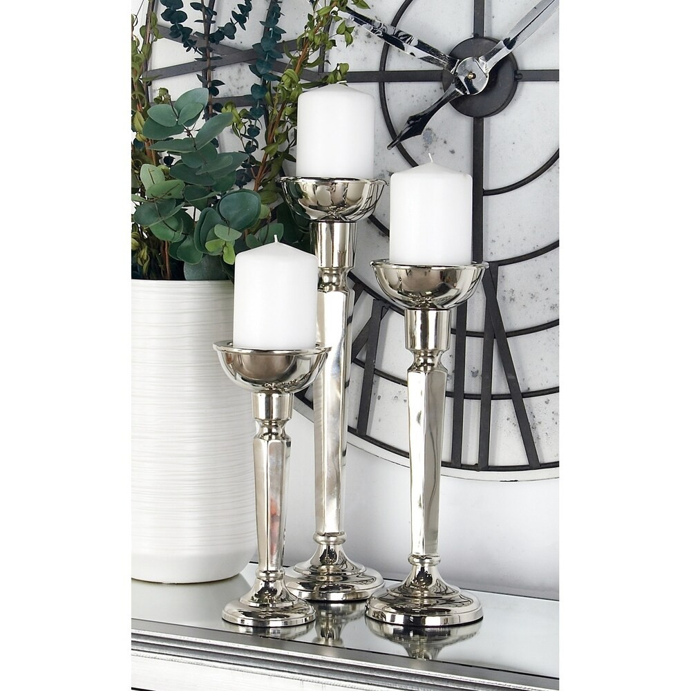 Set of 3 Modern Aluminum Tapered and Faceted Silver Candle Holders | Bed Bath & Beyond