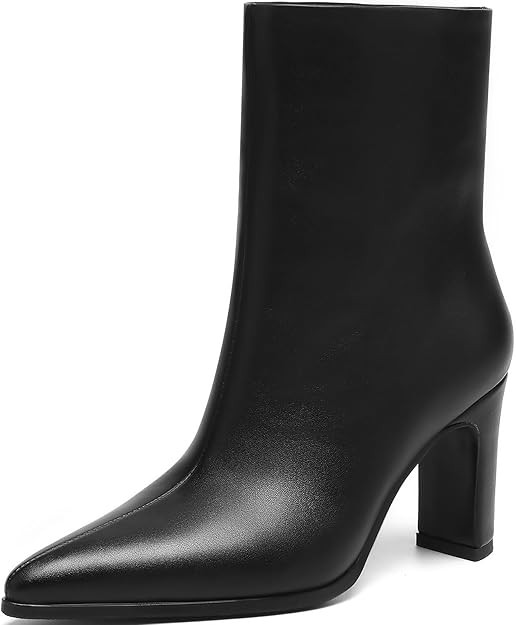 Women’s Pointed Toe Ankle Boots, Triangle Block Heel Booties, Pull-On Smooth Faux Leather Dress... | Amazon (US)