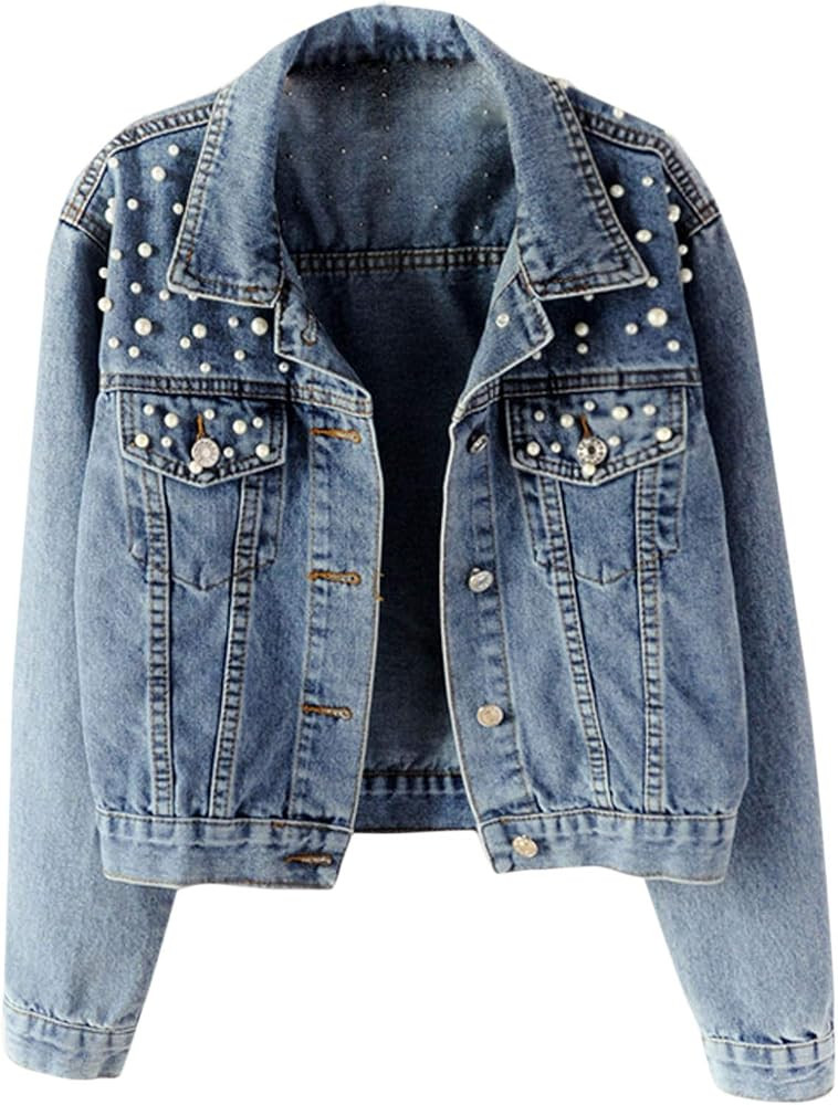 Flygo Women's Denim Trucker Jacket Distressed Beaded Pearls Button Down Jean Coat | Amazon (US)