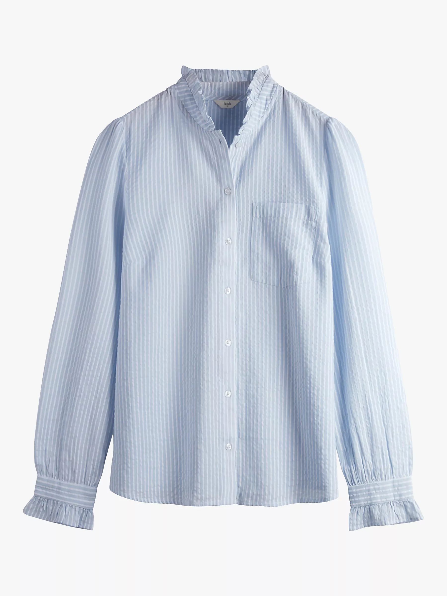 hush Florence Stripe Frill Neck Cotton Shirt, Soft Blue | John Lewis (UK)