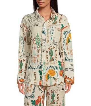 Agua Bendita Keshi Nopal Crinkle Woven Desert Print Collar Long Sleeve Button Front Top | Dillard... | Dillard's